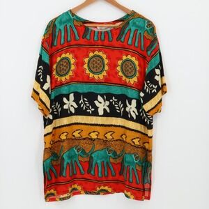 Vintage‎ 80s Champagnes Elephant Sunflower Top Boho Retro Artsy 90s Boxy Size M